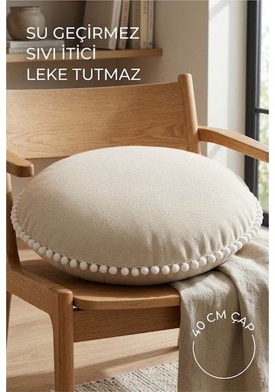 Yuvarlak Minder 40 Cm Ponponlu Dekoratif Oturma Minderi Su Geçirmez Sıvı İtici Leke Tutmaz Çok Renkli