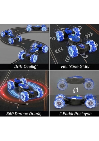 2 Kumandalı 10 Fonksiyonlu Duman Çıkaran Işıklı El Sensörlü Akrobatik Drift Atan Oyuncak Araba Mavi