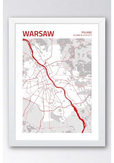 Varşova Polonya Warsaw - Poland Haritası Çerçeveli Tablo Lüks Salon Ofis Duvar Dekorasyon Tablo Beyaz