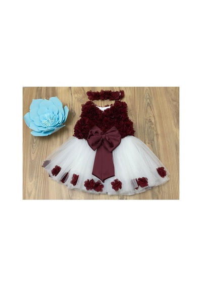 Hayy Baby Kids Wear Bebek Çocuk Bordo Şifon Çiçekli Beyaz Tüllü Elbise