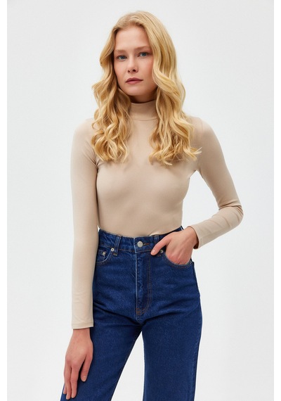 Açelyaokcu Yarım Balıkçı Dik Yaka Altı Çıt Çıtlı Bodysuit Bluz Bej