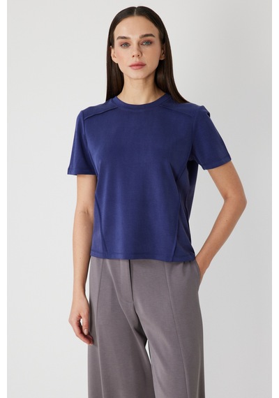 On Kadın Dikiş Detaylı Sıfır Yaka T-shirt 71458 Indigo Indigo