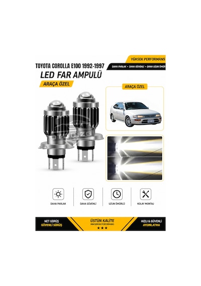 Toyota Corolla E100 1992-1997 H4 Led Far Ampulü Beyaz Işık Canbus Mini Lensli 2'li Set