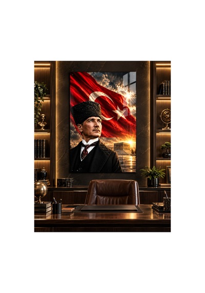 Atatürk, Anıtkabir Ve Türk Bayrağı Portre Temperli Cam Tablo