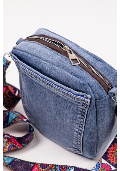 Fabric Craft Bag Kadın Çapraz Çanta Denim Kot Cepli Desenli Askılı Özel Seri 21x21 Cm Mavi