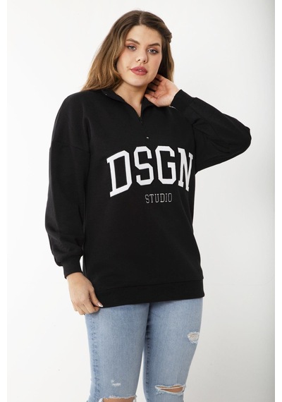 Şans Kadın Büyük Beden Siyah İçi Şardonlu Ön Pat Fermuarlı Nakışlı Sweatshirt 65n37207-siyah Siyah