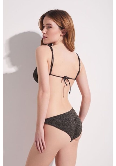 Kom Çıkarılabilir İnce Kaplı Simbasy Simli Kumaşlı İpli V Altlı Üçgen Bikini Takımı Siyah