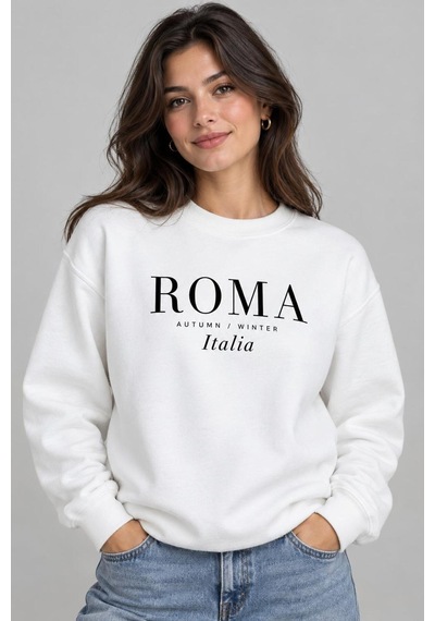 Gıovera Roma Şehir Koleksiyonu Pamuklu Bisiklet Yaka Kadın Sweatshirt beyaz