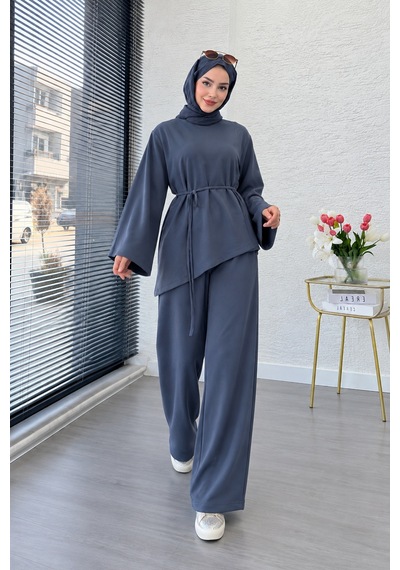 Asimetrik Tunik Pantolonlu Tesettür İkili Takım Krem
