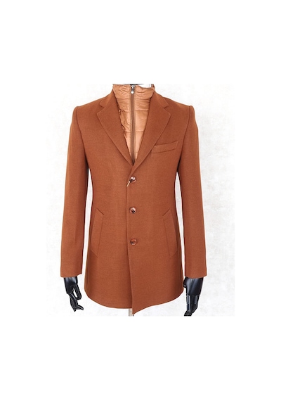 Jan Carlucci Erkek Slim Fit Turuncu Çıkmalı Ceket Yaka Içi Kapitoneli Tek Yırtmaç Dizüstü Kaşe Kaban Turuncu
