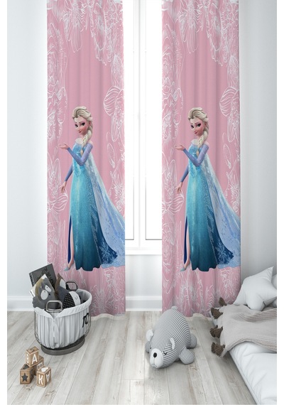 Mekta Home Bebek Ve Çocuk Odası Motifli Elsa Desenli Pembe 2 Kanat Fon Perde