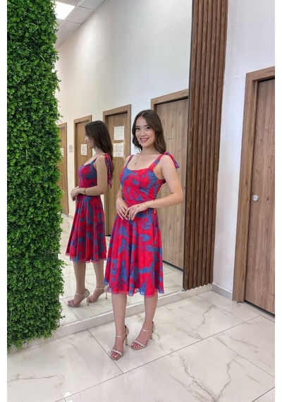 By Saygı Kadın Omuzu Bağcıklı Astarlı Batik Desen Kısa Şifon Elbise Fuşya