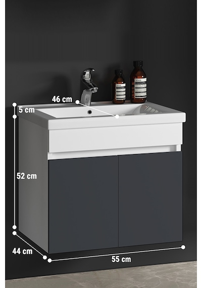Çiğdem 55 Cm Beyaz-füme Balon Mdf Seramik Lavabolu Asma Banyo Alt Dolabı
