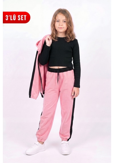 Fyk Kids Kız Çocuk Fitilli Crop Ve Şerit Detaylı Eşofman Takımı Seti Pembe