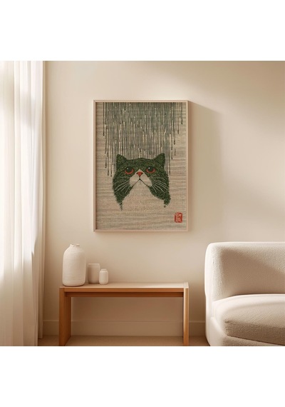 Japon Kedisi Yağmur Posteri, Vintage Ahşap Baskı Tarzı Duvar Sanatı Baskısı, Minimalist Asya İllüstrasyonu, Hüzünlü Hayvan Sanatı, Zen Dekorasyonu