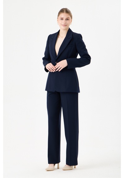 Velnara Moda Lacivert Boru Paça Cepli Yüksel Bel Dokuma Kumaş Klasik Kadın Pantolun Lacivert - 918013923 Lacivert