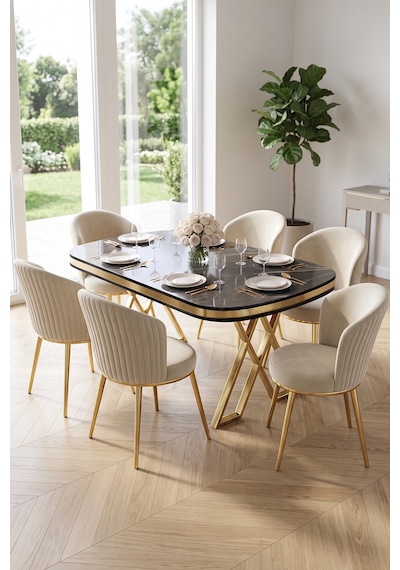 Nisare Serisi 90x168 Lak Panel Siyah Mermer Desen Masa Takımı Gold Ayaklı 6 Sandalye Siyah Mermer - Krem Nisare Serisi 90x168 Lak Panel Siyah Mermer Desen Masa Takımı Gold Ayaklı 6 Sandalye Siyah Mermer - Krem