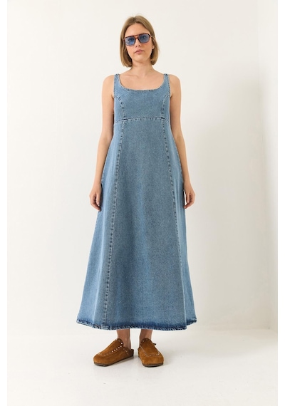 Kadın Geniş Yaka Askılı Kloş Denim Elbise 6069 60281038 - Buz Mavisi