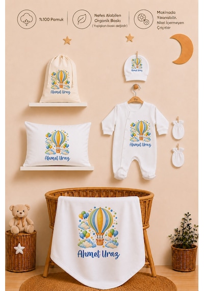 Pia Baby Erkek Bebek İsimli Hastane Çıkışı 6 Parça Tulum Şapka Eldiven %100 Pamuk Hediye Seti 2004tybk0x Krem