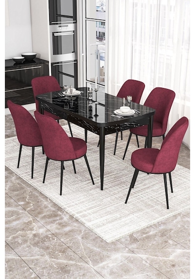 Canisa Kor Serisi, Siyah Mermer Desen 70x114 Açılabilir Yemek Masası Takımı, 6 Sandalye Masa Siyah Mermer Desen Sandalye Bordo Canisa Kor Serisi, Siyah Mermer Desen 70x114 Açılabilir Yemek Masası Takımı, 6 Sandalye Masa Siyah Mermer Desen Sandalye Bordo