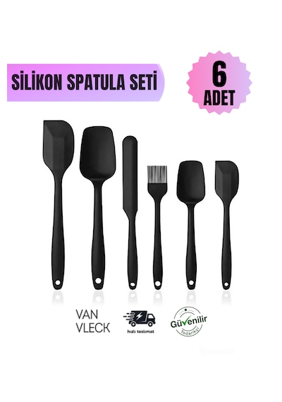 6 Lı Silikon Mutfak Seti Kaşık , Spatula , Fırça Ve Sıyırma Spatulası Isıya Dayanıklı Siyah
