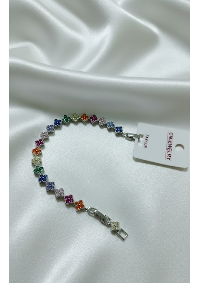 Renkli Taşlı Silver Renk Çelik Çiçekli Atarlanabilir Bileklik - Özel Seri Silver