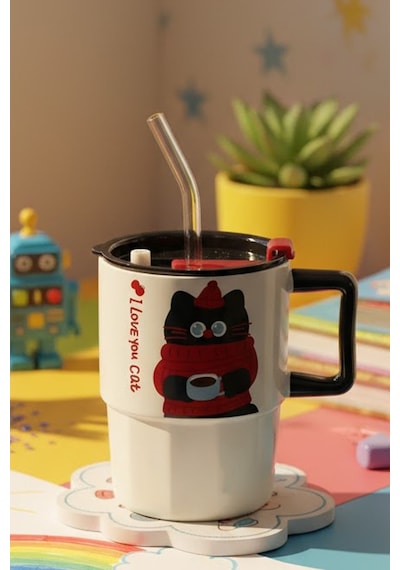 Pipetli Kapaklı Kedi Figürlü Seramik Kupa - 400ml I Love You Cat Tasarım Bardak Çok Renkli