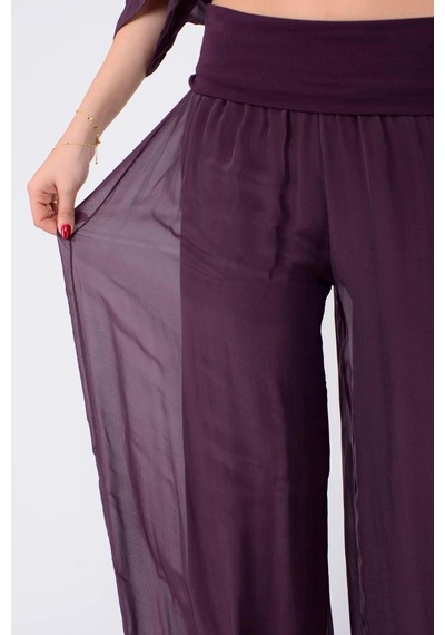Bohem Stil İtalyan Yarasa Kol İpek Bluz & Pantolon Takım-8767 Mürdüm