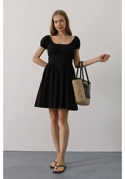 Defymoda Beli Korseli Mini Elbise - Siyah Siyah