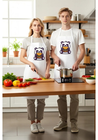 Unisex Mutfak Aşçı Önlüğü Burger Tutan Panda Karikatür Baskılı Ra Beyaz
