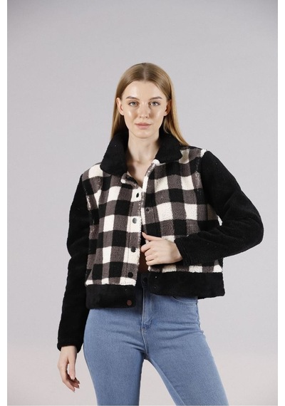 Verymoda Polar Çıtçıtlı Mont F1133 Siyah Dama
