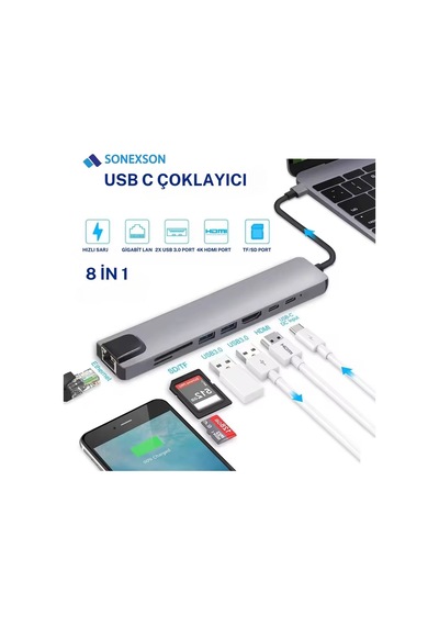 Usb Type-c Hub Dönüştürücü Çevirici Çoklayıcı Usb Hdmı Micro Sd 8
