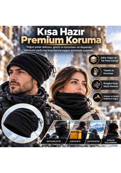 Elitse Unisex Premium Polar Bere Boyunluk 2'si 1 Arada Sıcak Tutan Rüzgar Korumalı Outdoor Kışlık Siyah Şık