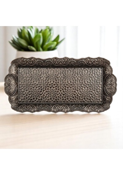 Osmanlı Motifli Küçük Metal Servis Tepsisi Dekoratif Sunum Tepsisi, 36 X 18 Cm, 306 G Antik Siyah