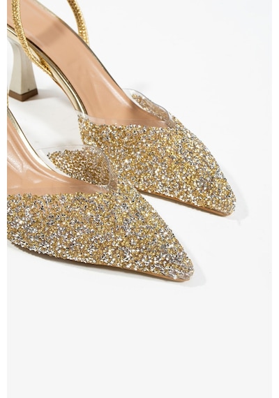 Duxal Shoes London Cam Kırıntıları Detay Arkası Açık Topuklu Ayakkabı Gold