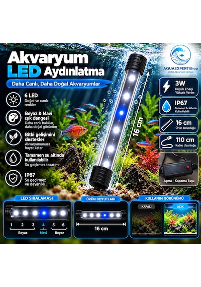 Akvaryum Işığı - Balık Işığı - Tamamen Su İçinde Kullanılabilir - 16 Cm - 6 Led - Mavi Beyaz - Açma Kapatma Tuşlu - 3w - Güçlü Işık