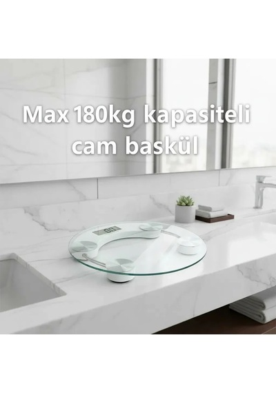 Yuvarlak Şeffaf Dijital Cam Baskül Tartı 180 Kg Taşıma Kapasitesi, Hassas Ölçüm, Şık Tasarım Terazi Açık Bej