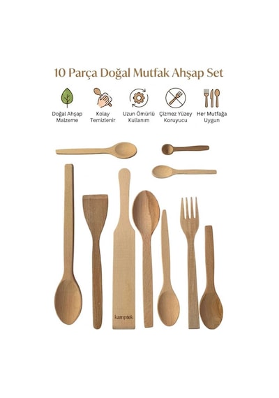 Kamptek 10 Parça Doğal Ahşap Mutfak Seti - Sağlıklı Kaşık, Spatula, Çatal Yemek Pişirme Seti Çeyiz Seti