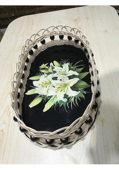 Lilyum Desenli Boncuk Detaylı Rattan Sepet Çok Renkli