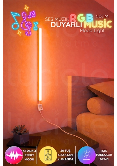 50 Cm Ses Müzik Duyarlı Uzaktan Kumandalı Led Abajur - Yatak Üstü, Tv Yanı ,oturma Odası