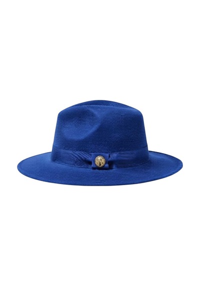 Tezzgelsin Kadın Metal Düğme Detaylı Kurdele Şeritli Kaşe Fedora Fötr Şapka Saks Mavi