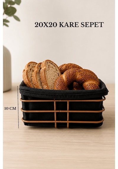 Rose Metal Ve Siyah Kumaş Kare Ekmek Sunum Sepeti, Kahvaltı Sunumu,kafe, Restoran Ve Otel Tipi 20x20 Cm