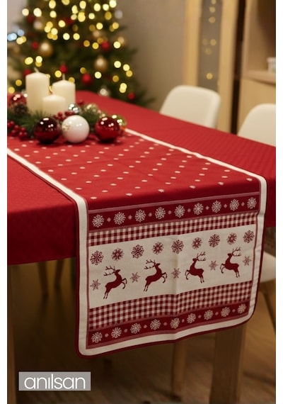 Kırmızı Noel Desenli Masa Runner Geyik Ve Kar Tanesi Yılbaşı Masa Örtüsü 50x160 Kırmızı