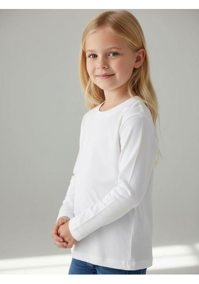 Zekids Kız Çocuk Pamuklu Bisiklet Yaka Uzun Kollu İnce Basic T-shirt-16776 Beyaz