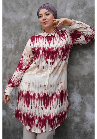 Polologin Butik Desenli Bordo Beyaz Uzun Tunik Bordo