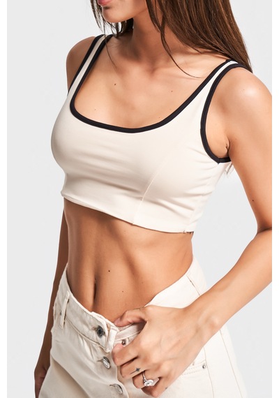 Kadın Bej Renk S5-105 Süper Esnek Kumaş Crop Fit Askılı Sporcu Büstiyer