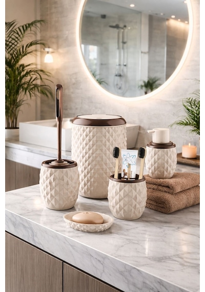 Decorev Geometrik Desenli Krem Banyo Aksesuar Seti – 5 Parça