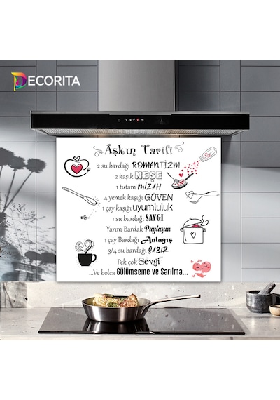 Cam Ocak Arkası Koruyucu Aşkın Tarifi Beyaz Fon 52cm X 60cm