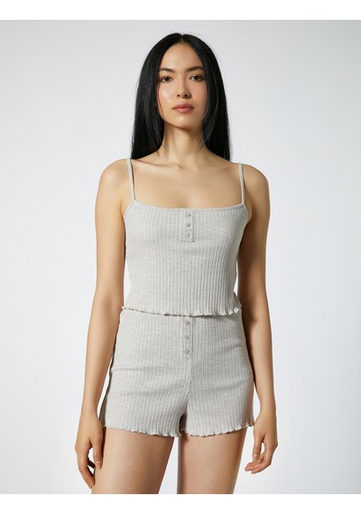 Koton Askılı Pijama Üstü Crop Düğmeli Fitilli Bej Melanj 3slk90017mk 3SLK90017MKBJM