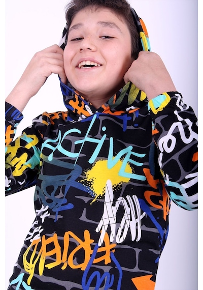 Fyk Kids Kapüşonlu Desenli Unisex Sweatshirt 2 İplik Siyah